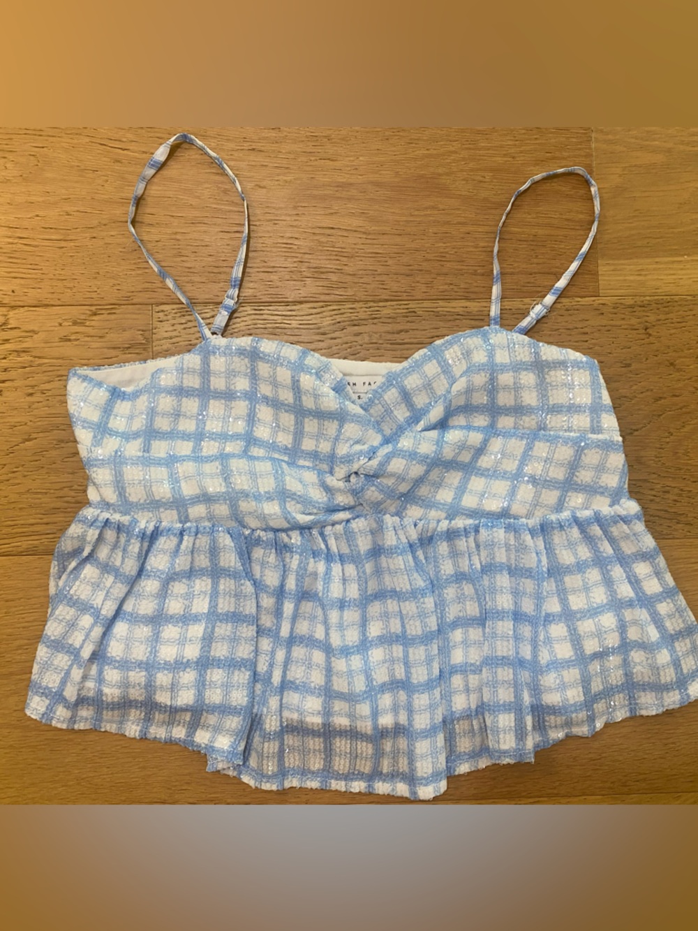 English Factory Blue and White Plaid Cropped Peplum sequined Cami size S EUC